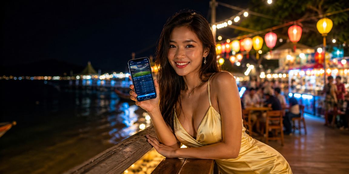 Người dùng đọc phân tích kèo trên điện thoại tại chợ đêm Phú Quốc